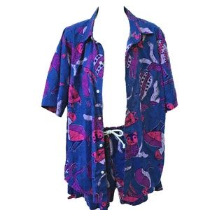 Shirt & Shorts SET Vintage 90s Cats Print Purple Pink Primitive Art Swim Beach M